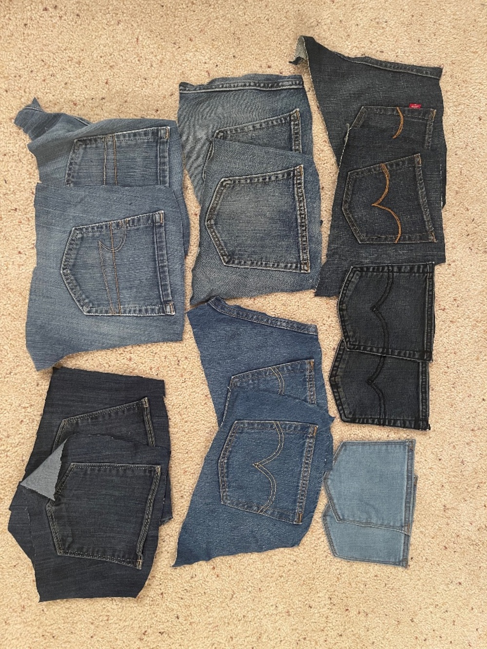14 Reclaimed Denim Jean Back Pockets Mixed Blue Wash Sewing Craft Upcycle Lot